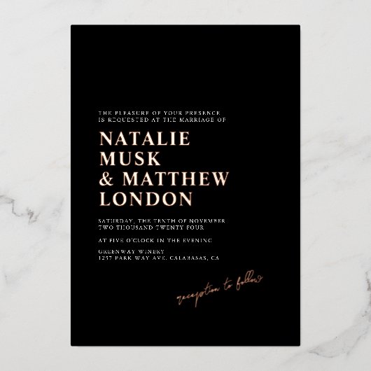 Moderne Minimalistische Schwarz-Weiß-Hochzeit Folieneinladung (Vorderseite)