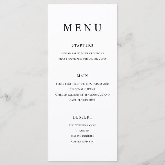 Moderne Minimalistische Schwarz-Weiß-Hochzeit Menükarte (Vorderseite)