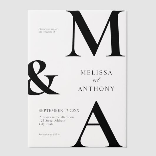 Moderne Minimalistische Schwarz-Weiß-Hochzeit Pergament Einladungen (Vorderseite)