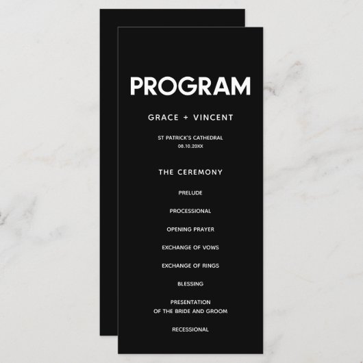 Moderne, minimalistische Schwarz-Weiß-Hochzeit Programm (Vorne/Hinten)