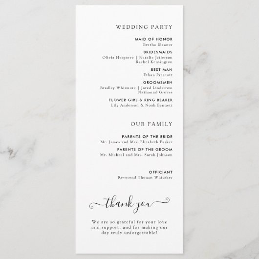 Moderne Minimalistische Schwarz-Weiß-Hochzeit Programm (Rückseite)