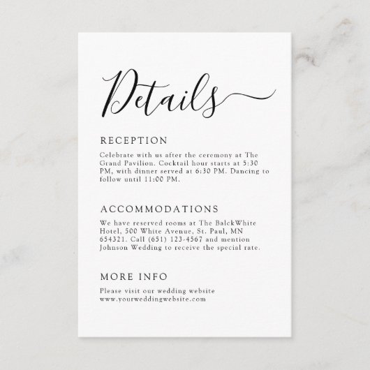 Moderne Minimalistische Schwarz-Weiß-Hochzeitsdeta Begleitkarte (Vorderseite)