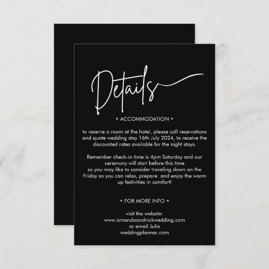 Moderne Minimalistische Schwarz-Weiß-Hochzeitsdeta Begleitkarte (Vorne/Hinten)