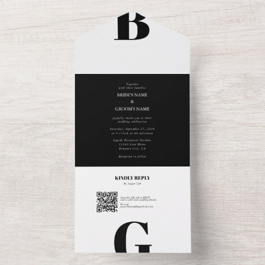 Moderne Minimalistische Schwarz-Weiß-Monogramm-Hoc All In One Einladung (Innen Boden)