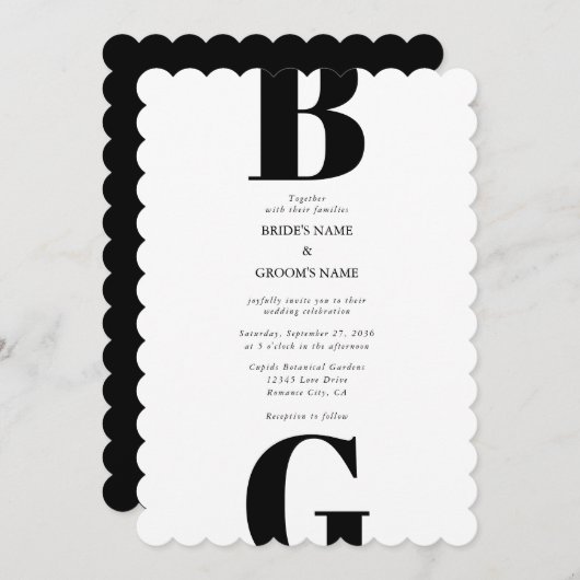 Moderne Minimalistische Schwarz-Weiß-Monogramm-Hoc Einladung (Vorne/Hinten)