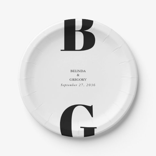 Moderne Minimalistische Schwarz-Weiß-Monogramm-Hoc Pappteller (Vorderseite)