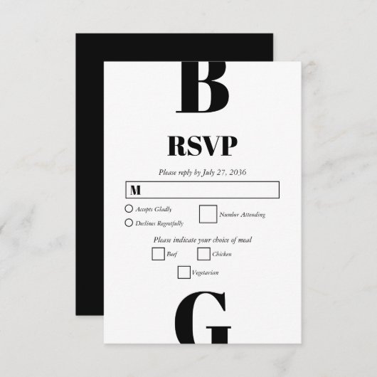 Moderne Minimalistische Schwarz-Weiß-Monogramm-Hoc RSVP Karte (Vorne/Hinten)