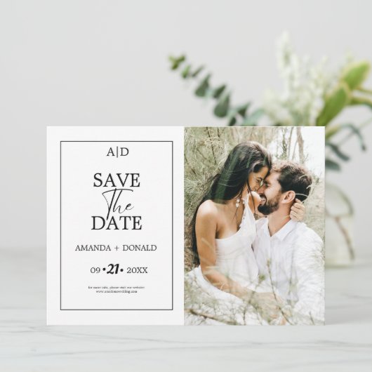 Moderne Minimalistische Schwarz-Weiß-Monogramm-Hoc Save The Date (Stehend Vorderseite)