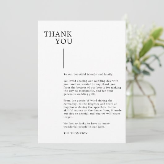 Moderne Minimalistische Schwarz-Weiß-Schrift-Hochz Dankeskarte (Stehend Vorderseite)