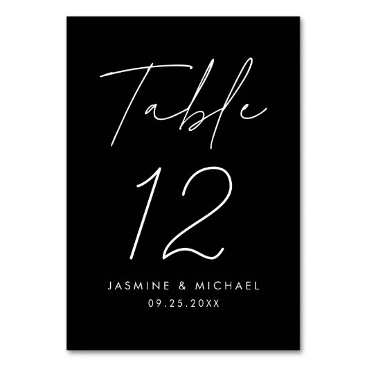 Moderne Minimalistische Schwarz-Weiß-Schrift-Hochz Tischnummer (Vorderseite)