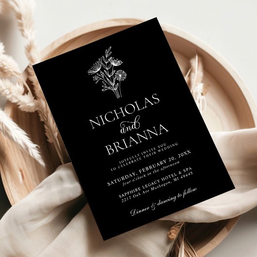 Moderne Minimalistische Schwarz-weiße Blumenhochze Einladung