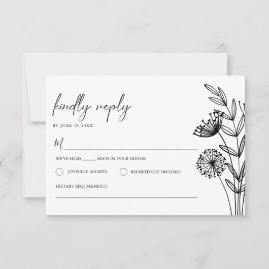 Moderne Minimalistische Schwarz-weiße Blumenhochze RSVP Karte (Vorderseite)