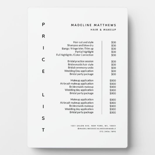 Moderne Minimalistische Schwarz-weiße Salonpreisli Fotoplatte (Vorderseite)