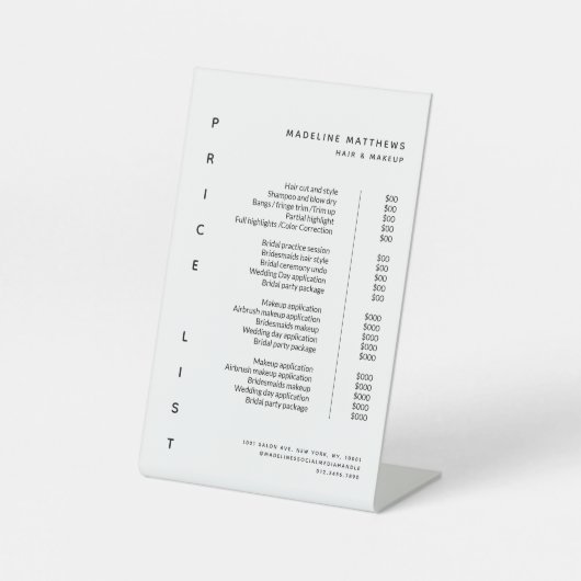 Moderne Minimalistische Schwarz-weiße Salonpreisli Sockelschild (Vorderseite)