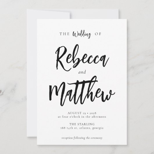 Moderne Minimalistische Schwarz-weiße Skripthochze Einladung (Vorderseite)