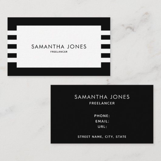 Moderne Minimalistische Schwarz-weiße Streifen Fre Visitenkarte (Vorne/Hinten)