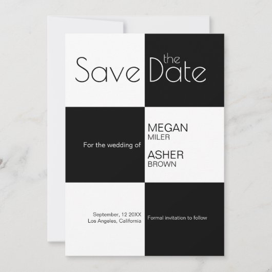 Moderne Minimalistische Schwarz-weiße TIles Save The Date (Vorderseite)