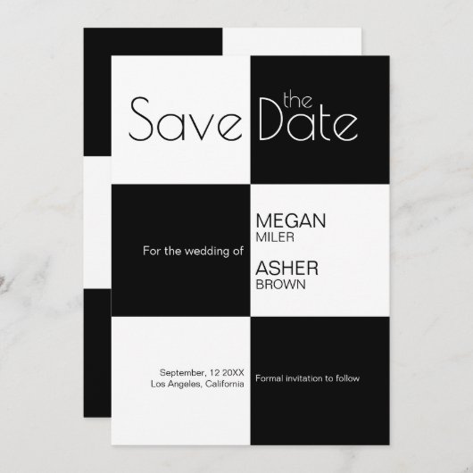 Moderne Minimalistische Schwarz-weiße TIles Save The Date (Vorne/Hinten)