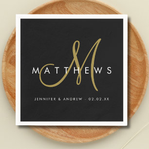 Moderne minimalistische schwarze goldene Monogramm Serviette