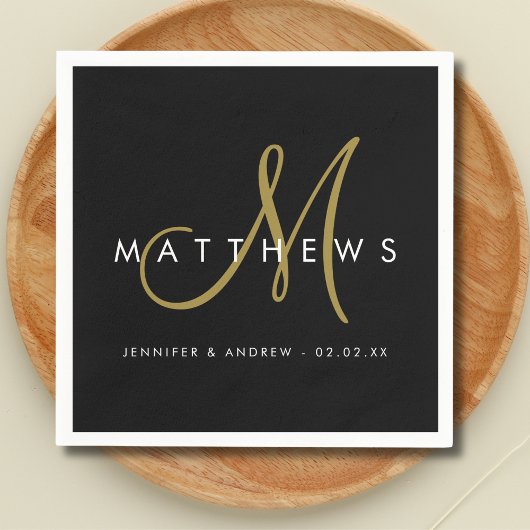 Moderne minimalistische schwarze goldene Monogramm Serviette