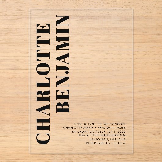 Moderne Minimalistische Schwarze Hochzeit Acryleinladungen (Vorderseite)