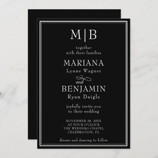 Moderne Minimalistische Schwarze Hochzeit an der G Einladung (Vorne/Hinten)