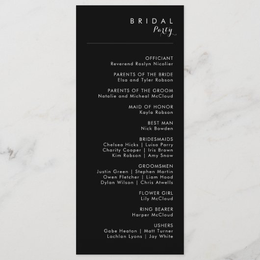 Moderne Minimalistische Schwarze Hochzeit Programm (Rückseite)