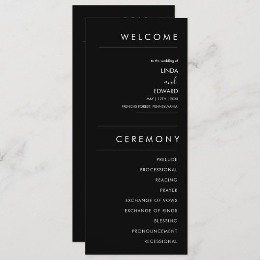 Moderne Minimalistische Schwarze Hochzeit Programm (Vorne/Hinten)