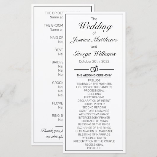 Moderne Minimalistische Schwarze Hochzeit Programm (Vorne/Hinten)