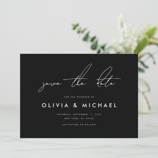 Moderne Minimalistische Schwarze Hochzeit rettet d Save The Date (Stehend Vorderseite)