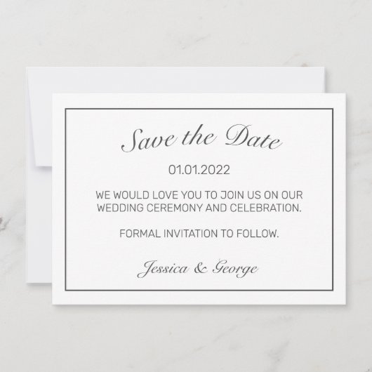 Moderne Minimalistische Schwarze Hochzeit Save The Date (Vorderseite)