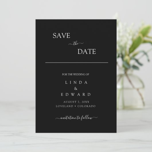 Moderne Minimalistische Schwarze Hochzeit Save The Date (Stehend Vorderseite)