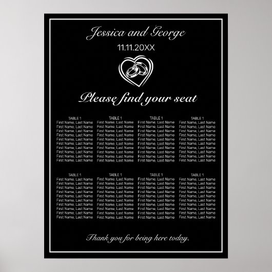 Moderne Minimalistische schwarze Hochzeitstabelle Poster (Vorne)