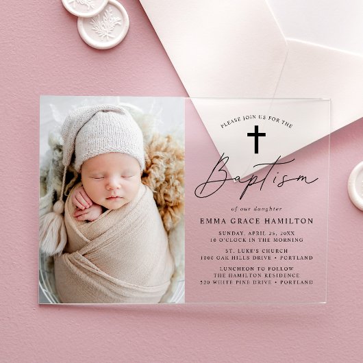 Moderne Minimalistische Schwarze Schrift Foto Tauf Acryleinladungen