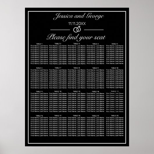 Moderne Minimalistische schwarze Sitzkarte 20 Tisc Poster (Vorne)