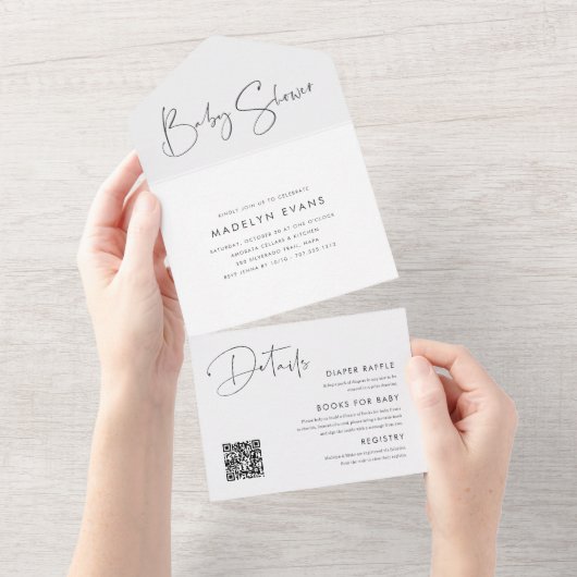 Moderne Minimalistische Script Baby Dusche All In One Einladung (Abreißen)