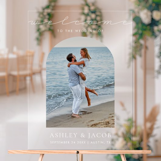 Moderne Minimalistische Script Begrüßung Foto Hoch Acrylschild