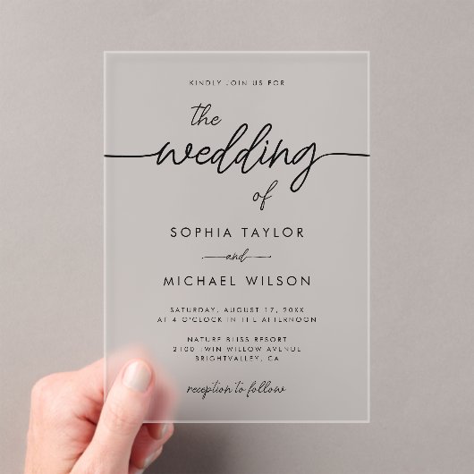 Moderne Minimalistische Script Black Wedding Acryleinladungen (Insitu (Handheld))