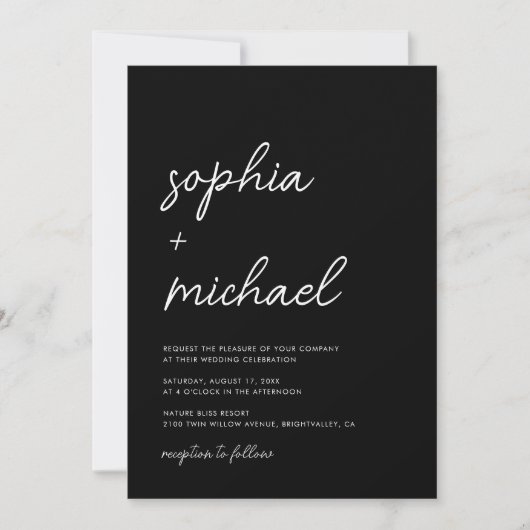 Moderne Minimalistische Script Black Wedding Einladung (Vorderseite)