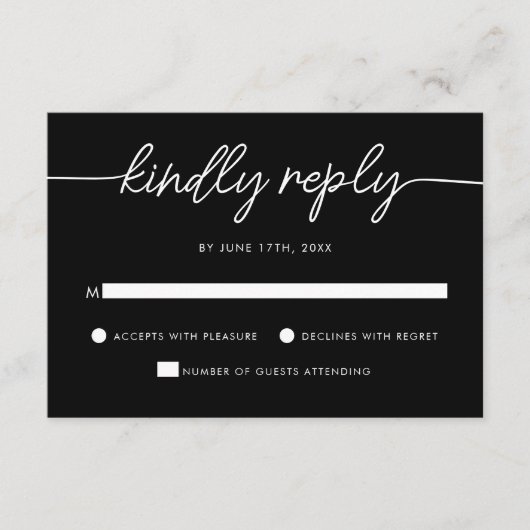 Moderne Minimalistische Script Black Wedding RSVP Karte (Vorderseite)