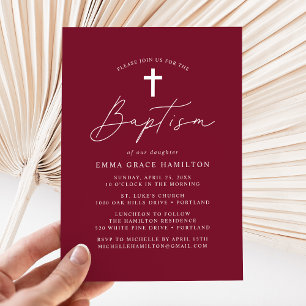 Moderne Minimalistische Script Burgundy-Taufe Einladung