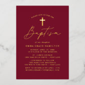 Moderne Minimalistische Script Burgundy-Taufe Folieneinladung (Vorderseite)