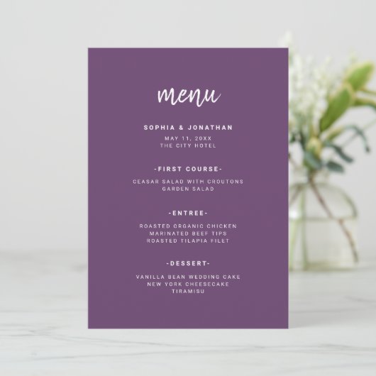 Moderne Minimalistische Script Cassis | Hochzeit Menükarte (Stehend Vorderseite)