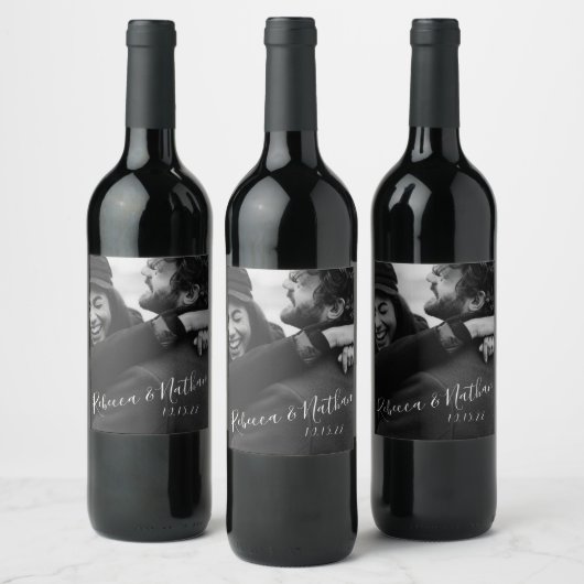Moderne Minimalistische Script Custom Foto Hochzei Weinetikett (Flaschen)