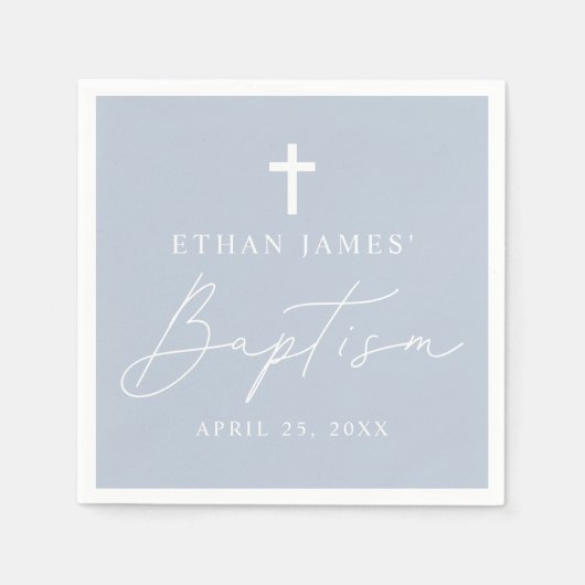 Moderne Minimalistische Script Dusty Blue Taufe Serviette (Vorderseite)