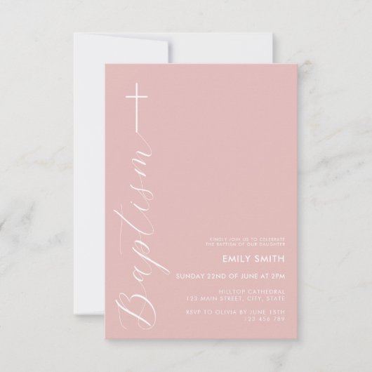 Moderne Minimalistische Script Dusty Rose Taufe Einladung (Vorderseite)