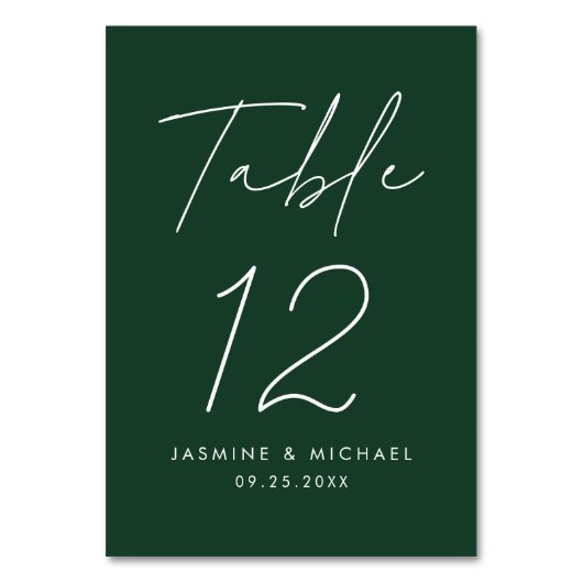 Moderne Minimalistische Script-Grüne Hochzeit Tischnummer (Vorderseite)