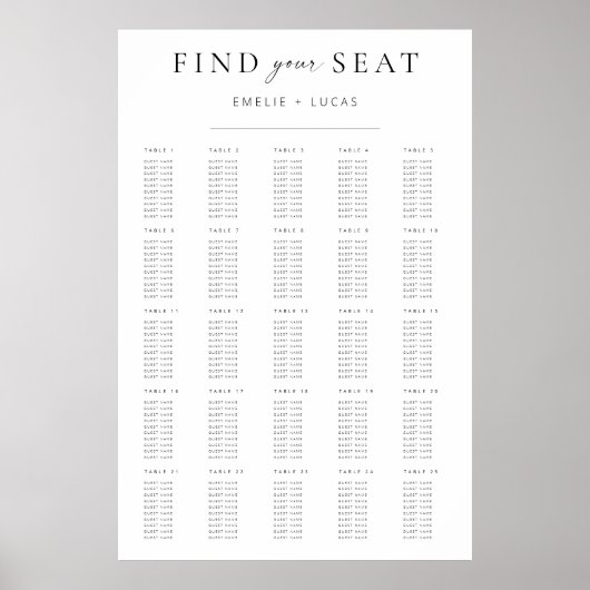 Moderne Minimalistische Script-Hochzeitstabelle Poster (Vorne)