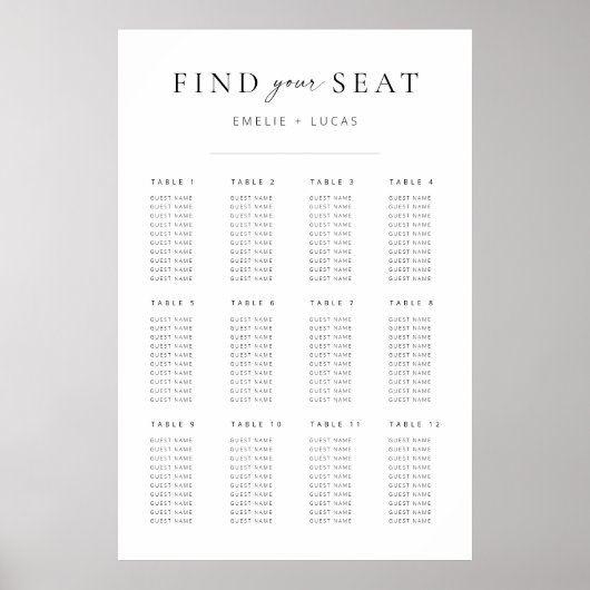 Moderne Minimalistische Script-Hochzeitstabelle Poster (Vorne)