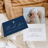 Moderne Minimalistische Script Navy Blue Foto Tauf Dankeskarte